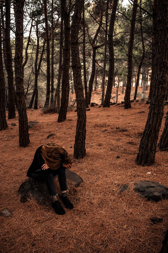 A woman sits alone on a rock in a serene autumn forest, reflecting solitude.
